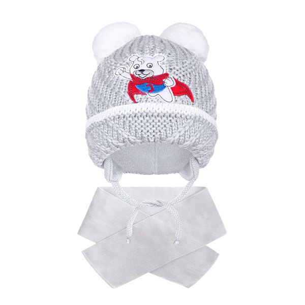 Zimní dětská čepička se šálou New Baby medvídek J šedá