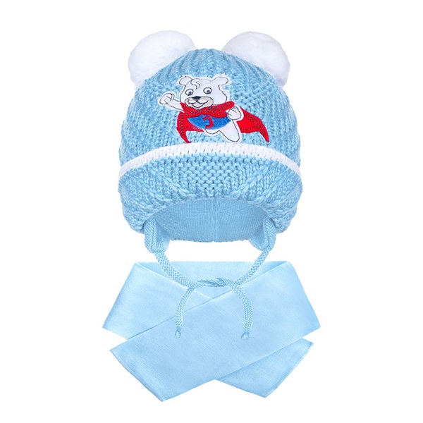 Winter baby hat with scarf New Baby teddy bear J light blue, size 104 (3-4y)