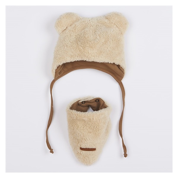 Winter baby hat with neck scarf New Baby Teddy bear beige, size 62 (3-6m)