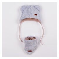 Winter baby hat with neck scarf New Baby Teddy bear grey pink, size 62 (3-6m)