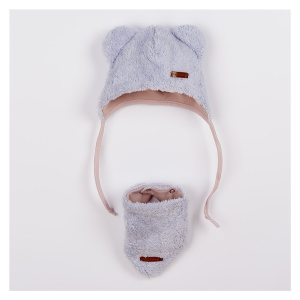 Winter baby hat with neck scarf New Baby Teddy bear grey pink, size 62 (3-6m)