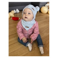Winter baby hat with neck scarf New Baby Teddy bear grey pink, size 62 (3-6m)