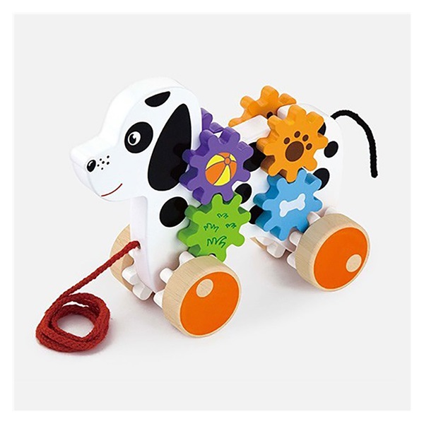 Wooden pulling dog with toothed wheels Viga